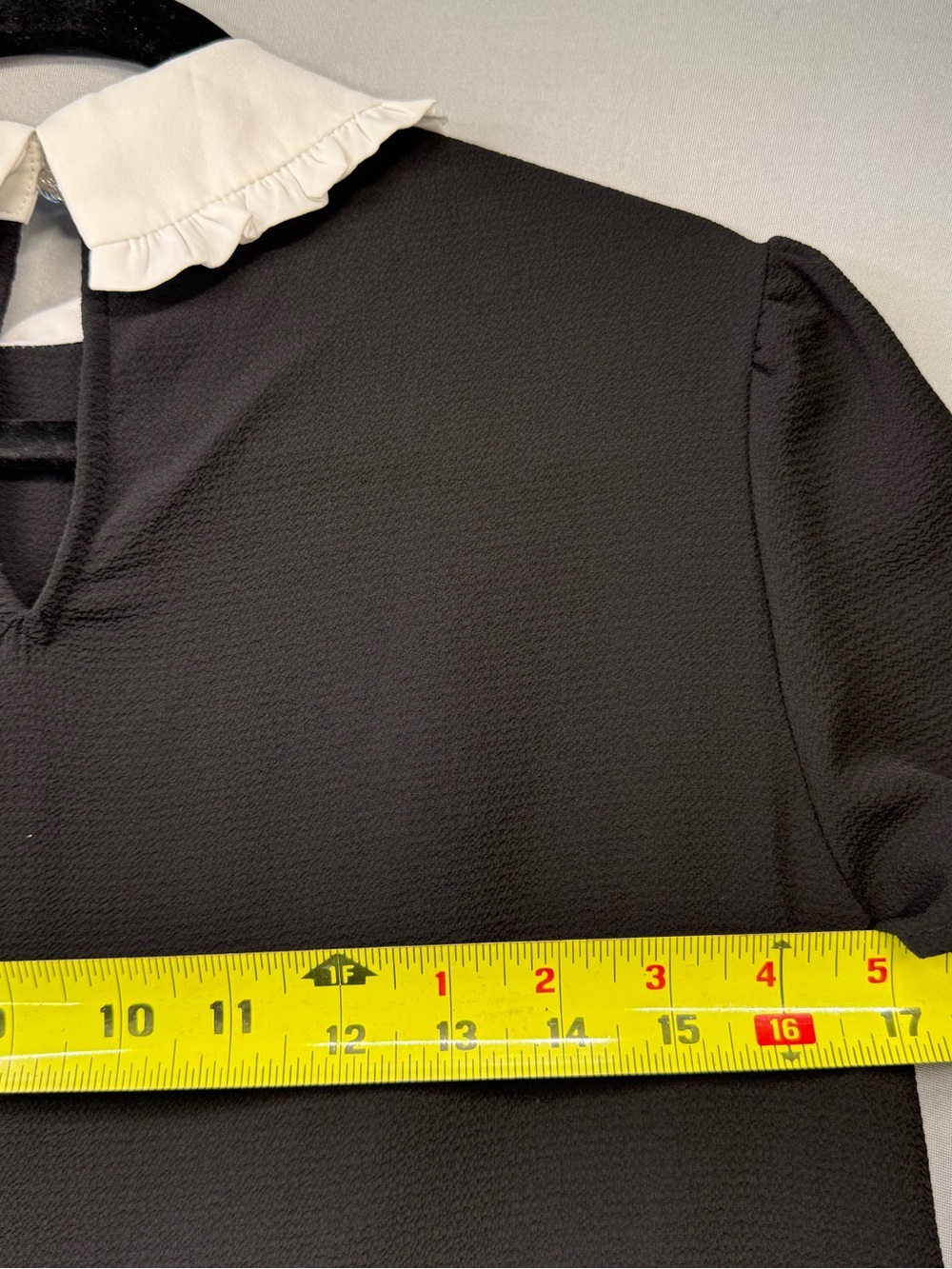 CeCe Black Short-Sleeve Blouse with White Ruffle Peter Pan Collar and Neck Tie - Picture 9 of 12